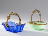 pair of blue and green glass baskets with gold handles