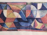 an image of a painting of a geometric design with blue, red, yellow and orange colors
