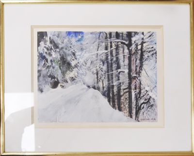 painting of a snowy road in the woods with trees in the background
