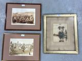 three framed pictures of a river scene with a man on a boat