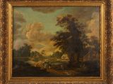 un tableau représentant un paysage avec un homme dans une calèche