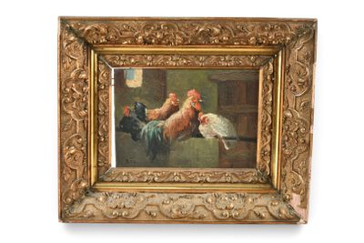 tableau représentant un coq et un jeune coq, dans un cadre doré