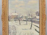 une peinture d'un paysage enneigé avec des arbres au premier plan
