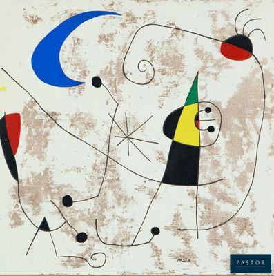 une image représentant un tableau accroché à un mur blanc, avec des formes noires, jaunes, rouges et bleues