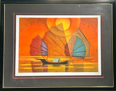 painting of a sailboat with colorful sails in the ocean at sunset