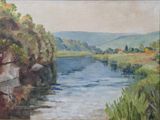a painting of a river that is in the middle of a field