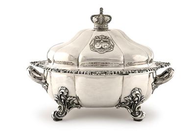 an antique silver covered dish with a crown on top