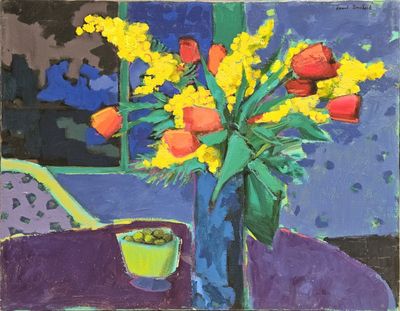 a painting of flowers in a vase on a table