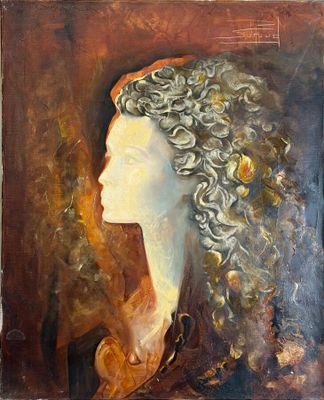 an oil painting of a woman with long hair and curly hair
