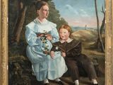 une peinture à l'huile représentant une femme et un enfant assis sur un banc