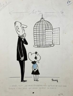 dessin humoristique représentant un homme et un enfant regardant un oiseau dans une cage