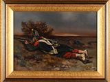 an oil painting of a man laying on the ground with a rifle
