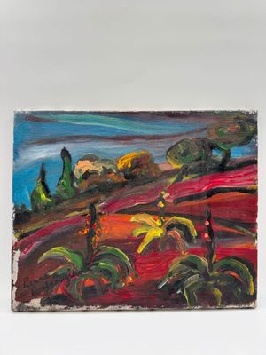 peinture d'un paysage avec des arbres et des collines en arrière-plan