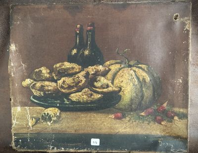 a painting of a still life with a bottle of wine and a plate of food