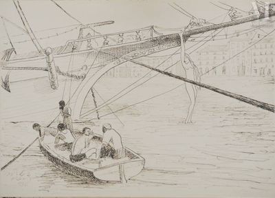 un dessin représentant un bateau sur l'eau avec des personnes à bord