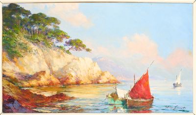 a painting of a sailboat on the water near a cliff