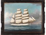 tableau représentant un voilier en pleine mer, arborant un drapeau