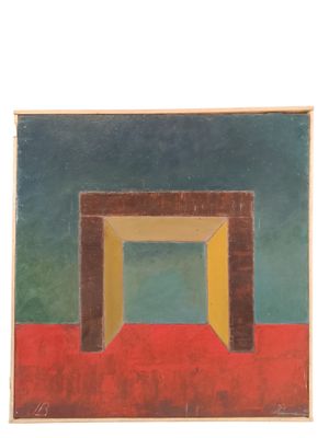 une image représentant un tableau d'une porte avec un sol rouge