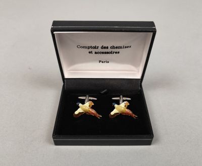 a close up of a pair of bird cufflinks in a box