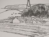 drawing of a village with a church steeple in the background