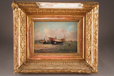 an oil painting of a boat in a body of water