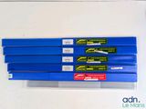 six blue plastic pencils on a white surface