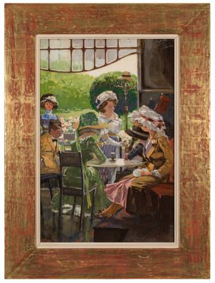une image d'un tableau représentant un groupe de personnes assises à une table
