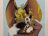 an image of a picture of a dragon and a cat on a rock