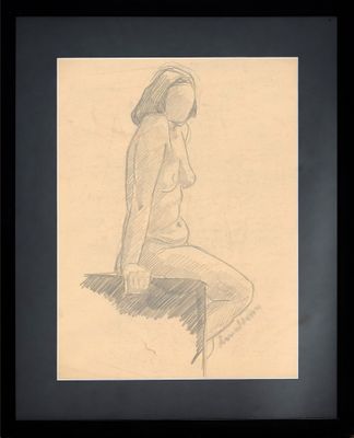 dessin représentant une femme nue assise sur un tabouret, dans un cadre noir