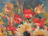 a painting of flowers in a vase on a table
