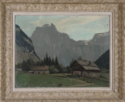 an image of a painting of a mountain scene with a cabin