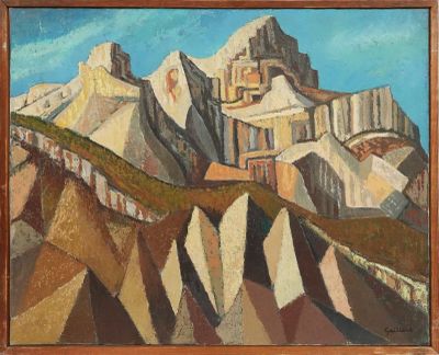 tableau représentant un paysage de montagne avec un ciel bleu en arrière-plan