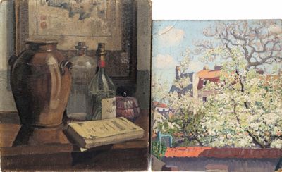 deux tableaux représentant un vase et un livre posés sur une table