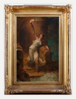 une peinture à l'huile représentant une femme en robe blanche et un homme en chemise blanche