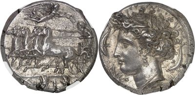 a silver coin with an image of a woman and a man on it