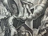 an old engraving of a biblical scene with a man holding a sword