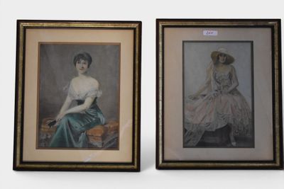 two framed pictures of a woman in a dress and a lady in a hat