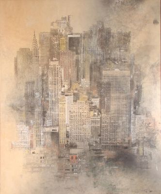 a picture of a painting of a cityscape in the middle of the picture