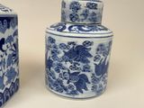 two blue and white vases sitting next to each other
