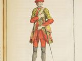 an old book with a drawing of a man in a red outfit