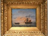 an oil painting of a sailboat in the ocean with a sunset in the background