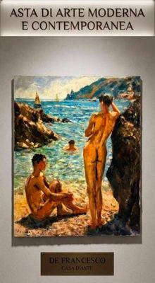 a painting of two men sitting on the beach