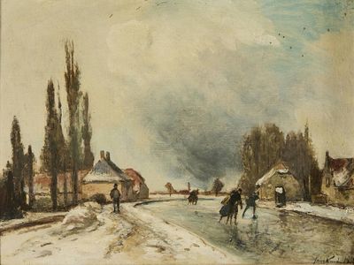 une image représentant un tableau où l'on voit des personnes marcher sur une route enneigée