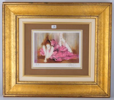 a painting of two women in pink dresses sitting on a bed