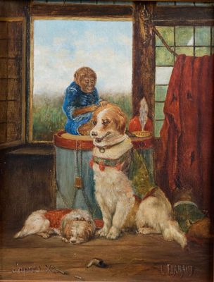 tableau représentant deux chiens et un homme dans une pièce avec une fenêtre
