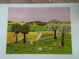 a picture of a painting of people in a field