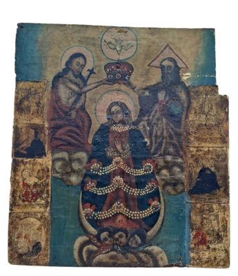 an old painting of a woman with a crown and other people