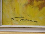 an oil painting of a yellow sunflower in a white frame