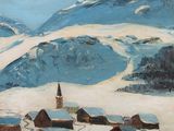 tableau représentant un village sous la neige, avec le clocher d'une église en arrière-plan