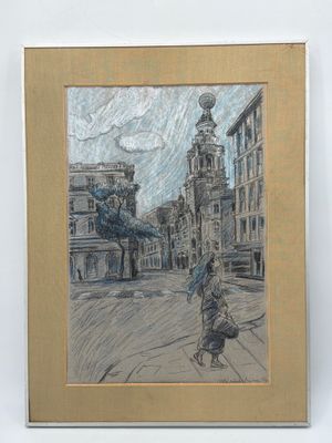 dessin représentant une femme marchant dans une rue en ville